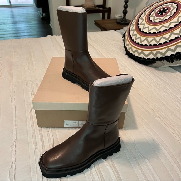NWT Anthropologie x Pilcro Leather Chocolate Brown mid calf Boots Size 7 - Picture 2 of 11